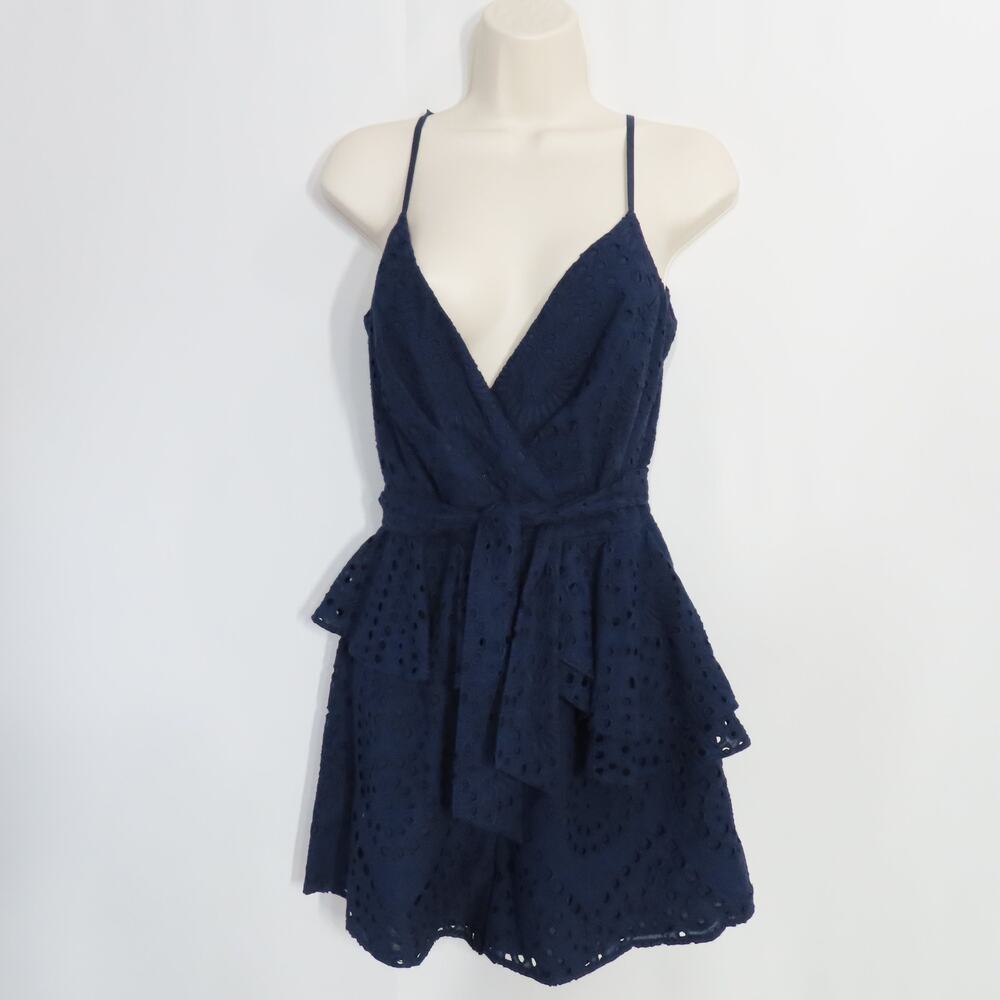 Yumi Kim Navy Blue Eyelet Romper Surplice V-neck Peplum Waist Ruffle Size Small